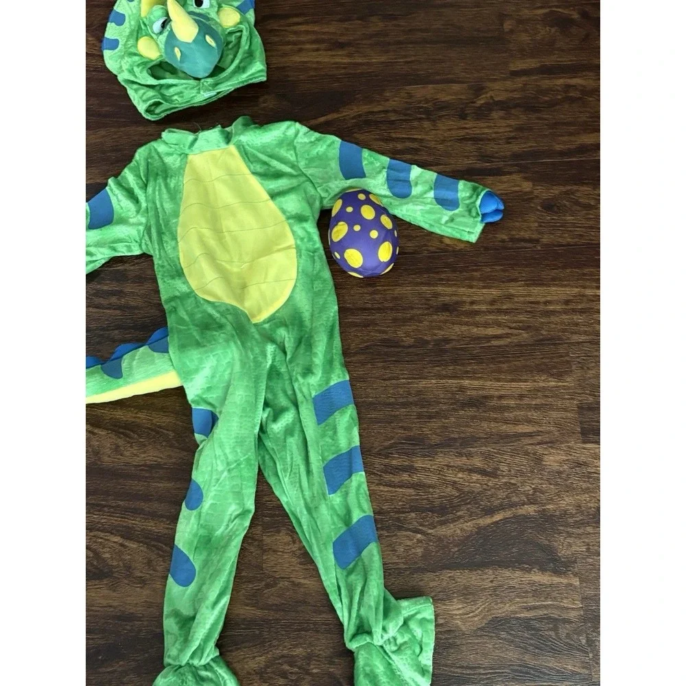 Kids Triceratops Dinosaur Costume Green Plush Jumpsuit Hood and Egg Accessory 3T